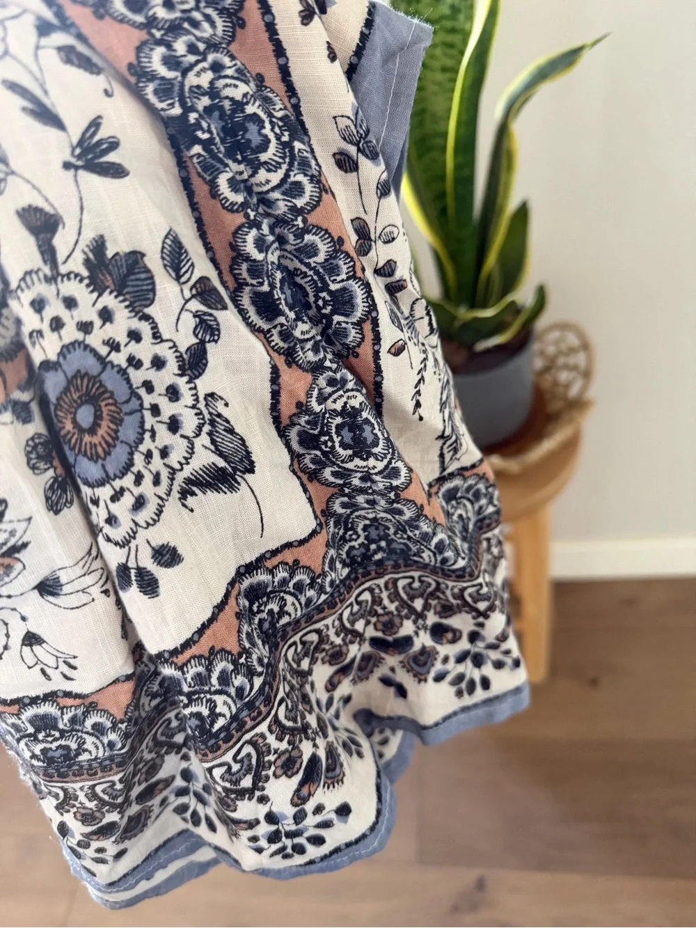 Patrons of Peace Boho Floral Kimono in Cream and Blue, Small